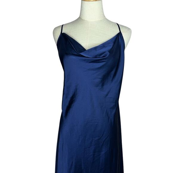 Tahari Dainty Navy Blue Satin Slip Midi Minimalist Dress Cowl Neck Size Large - Picture 3 of 9